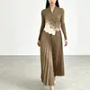 Elegante vestido de mujer con silueta en A, entallado en la cintura, adelgazante, de manga larga, color degradado, vestido midi plisado Miyake