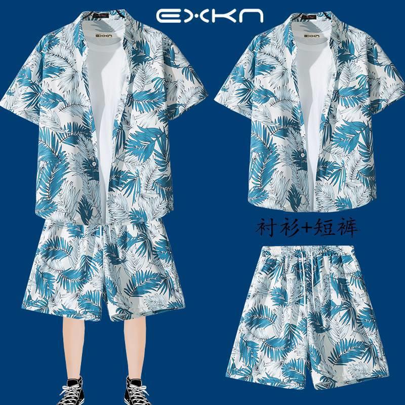 冰丝短裤一整套男夏季薄款宽松短袖碎花衬衫夏威夷情侣沙滩服套装