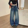 Jeans de Pierna Recta Curva con Parches de Tiro Alto Elástico Adelgazante para Mujer, Novedad Primavera Otoño 2026, Pantalones de Pierna Ancha Sueltos