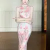 Cheongsam mejorado de estilo chino transfronterizo, sin mangas, hombros descubiertos, vestido de cuello halter, para mujer, de verano, entallado a la cintura, vestido largo con abertura