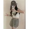 Calça Casual Feminina de Verão Versátil com Listras Finas, Cintura Elástica, Calça Larga Solta, Calça Esportiva, Shorts de Cintura Alta, Tendência