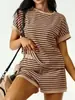 Em Estoque Primavera, Verão e Outono Shein Amazon Aliexpress Tk Europeu e Americano Transfronteiriço Conjunto de Camiseta Listrada e Shorts de Tricô