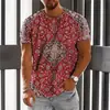Camiseta Estampada Bohemia para Hombre Transfronteriza Estilo Étnico Retro Europeo y Americano Holgada Cuello Redondo Manga Corta Camiseta Básica