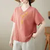 2025 Nuevo Algodón y Lino Artístico Manga Corta Bordado con Toalla Estilo Étnico Camiseta Bordada de Verano Transpirable Holgada Top para Mamá