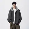 Oalin Marca Americana Tendência Gola de Pelo Listras Chiques Zíper Moletom Solto Casual Retro Casal Jaqueta Hoodie Tendência