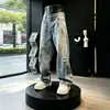 Pantalones curvos para hombre con pintura salpicada y rotos azules, pantalones de pierna recta con lavado y efecto desgastado, pantalones vaqueros de pierna ancha de marca moderna estilo americano
