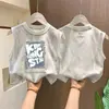 Camiseta Regata de Algodão Puro Estilo Verão Novo Desenho Animado para Meninos Top Tie-Dye Lantejoula Estilo Menino Descolado