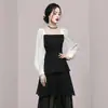 Comercio exterior ropa de mujer 2023 Otoño Nuevo estilo coreano cuello cuadrado elegante dulce rejuvenecedor costura de color contrastante ajustado adelgazante moda