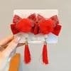 Clip de Pinza para Cabello con Borla Estilo Antiguo para Niños Accesorios para el Cabello Estilo Chino Pinza para el Cabello de Año Nuevo Flor de Cabeza de Terciopelo Rojo Dinastía Han Tocado para Bebé