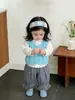Conjunto de Colete de Tricô Fresco Estilo Primavera para Bebê, Colete Moda Coreana, Camisa de Bolinhas, Bloomers da Moda