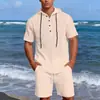 Novo Conjunto de Moda Casual Masculino com Camisas Casuais de Linho de Manga Longa e Bermudas Casuais de Linho de Cinco Pontos