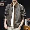 Chaqueta de Cuero Estilo Old Money Retro de Gama Alta para Hombre Otoño Patchwork Solapa Holgada Chaqueta Abrigo