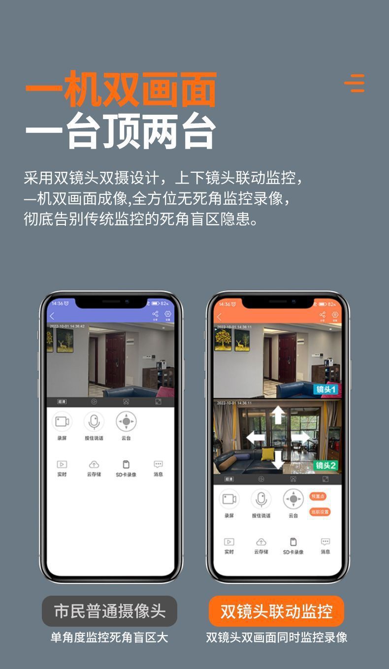 双镜头双目Camhipro海芯方案室内AI智能监控摄像头夜视