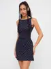 Vestido Curto Elegante Retrô de Bolinhas sem Mangas Estilo Europeu e Americano para Mulheres, Decote Canoa de Alto Padrão, Ajuste na Cintura, Emagrecedor, Linha A