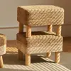 Taburete de paja tejido, taburete bajo rústico, taburete de ratán para cambiarse los zapatos, cojín de asiento tejido engrosado, taburete pequeño de madera, taburete redondo creativo