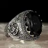 Huajie Joyería Europea y Americana Transfronteriza Anillo de Acuamarina con Forma de Huevo Anillo con Patrón Vintage Tallado Hip Hop para Hombre Lote