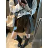 Moqi Otoño Nuevo Retro Americano Piel Sintética Cintura Elástica Holgado Pierna Ancha Adelgazantes Pantalones Cortos de Cuero MQ1798