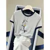 Camiseta de Manga Corta de Algodón Puro con Bloques de Color de Hombro Recto de Moda Verano 2026 para Mujer, Top Delgado Versátil Juvenil de Moda Ins