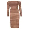 Ropa Clásica Europea y Americana Sexy Top Tubo Hombros Descubiertos Malla Mangas Largas Ceñido al Cuerpo Vestido de Vendaje Ajustado Vestido de Noche Banquete