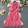 Estilo Francés Moda de Alta Gama Farol de Flor Tridimensional con Perlas Manga Larga Ajustada a la Cintura Vestido Plisado Aspecto Delgado Elegante Falda Larga para Mujer