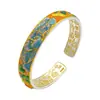 Pulsera Abierta Fushi de Plata Pura 999.9 Esmalte Antiguo de Peonía y Urraca, Pulsera de Plata Tradicional Nueva Estilo Chino Pintada en Oro para Mujeres