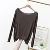 Camiseta Base Feminina Modal Sem Costura Cor Sólida Fina Elástica Parte Superior do Corpo Gola Redonda Grande Manga Longa