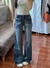 Calça Jeans Flare Vintage Lavada Personalizável Cintura Alta Retro Perna Larga Calça Longa Feminina Tendência Versátil Casual