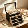 Caja de joyería de alta gama de gran capacidad con tres cajones y tapa abatible con ventana, caja de almacenamiento de joyería para collares, pulseras, anillos, caja a prueba de polvo
