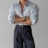 Camisa de Manga Comprida Listrada Estilo Coreano Leve Casual Não Amassa para Primavera e Verão Masculina Leve Moderna Solta Camisa Jaqueta