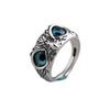 S925 plata lisa retro azul gafas búho joyería anillo al por mayor transfronterizo hombres y mujeres Diseño anillo de búho