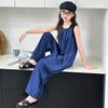 Conjunto de Moda Infantil Estiloso Verão 2025 Macacão Casual Azul Listrado com Alça para Meninas Mais Velhas e Combinando Pai e Filho