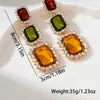 Pendientes Largos Colgantes de Piedra Preciosa Rectangulares con Bloques de Color Estilo Retro de Corte Totalmente Pavimentados con Diamantes Blancos Exagerados para Vestido de Banquete para Mujeres