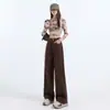 2026 jeans de pierna ancha, forrados de felpa gruesa, color marrón jaspeado, para mujer, otoño/invierno, estilo americano, tiro alto, high-street, pantalones de largo hasta el suelo