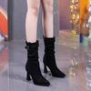 Botas Elegantes de Bico Fino com Fivela, Salto Alto, Meio da Panturrilha para Mulheres, Inverno 2026, Novas Botas Khaki com Pregas, de Calçar, Salto Agulha