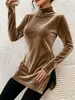 Top largo de terciopelo de cuello alto con abertura para mujer 2026, venta al por mayor transfronteriza, camiseta básica ajustada de manga larga para otoño e invierno