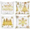 Funda de Almohada Estampada de Reno y Muñeco de Nieve Navideño Set Azul de Cuatro Piezas Funda de Cojín de Atmósfera para Sofá de Sala de Estar Navideña Respaldo