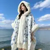 2026 Otoño e Invierno Nuevo Estilo Cuello de Piel Sintética de Conejo Capa con Capucha Chal Cachemira Sintética Cuadros Retro Hanfu Capa Cálida