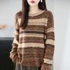 2025 Novo Outono e Inverno Lã Penteada Gola Redonda Malha Manga Longa Feminina Padrão Ondulado Combinação de Cores Pulôver Camisa Base