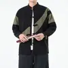 Camisa Jacket Casual Talla Grande Primavera y Otoño Estilo Chino Pana Traje Tang Camisa Manga Larga Hombre Botón de Rana Patchwork Bloques de Color