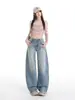 Jeans estilo americano com barra curva para mulheres, novo outono/inverno 2026, cintura alta, solto, modelador, perna reta, calça casual de perna larga