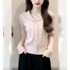Elegante cárdigan de punto suave con cuello azul marino y solapas grandes para mujer, primavera y otoño, rosa, elegante, corte holgado, rejuvenecedor, top adelgazante