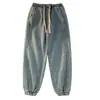 Calça jeans masculina casual transfronteiriça com cintura elástica, calça de corte reto, jeans tipo jogger solto da moda estilo coreano para homens