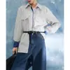 Pedido em Conjunto2026 Primavera Nova Camisa Casual Texturizada com Listras Color-Block e Design que Marca a Cintura para Mulheres