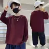 Camiseta de Manga Longa 100% Algodão para Meninos Outono Crianças Solta Gola Redonda Média e Grande Moda Infantil Camisetas Básicas para Crianças Roupas Infantis