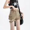Foto Real de Shorts Jeans Tendência 2025 Estilo de Rua Influenciador Garota Popular Elástico Slim Fit Cintura Alta Estilo Militar Versátil