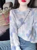 Invierno Nuevo Estilo Tejido Color Degradado Estampado de Moño Prenda Base de Punto Blusa para Mujer Chaqueta Pequeña Top de Manga Larga