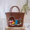 Bolsa Tejida de Cachorro de Dibujos Animados de Colores, Bolso para el Trabajo y el Viaje Diario, Cesta Portátil para Verduras, Bolso de Playa de Mimbre Sintético, Bolso de Mano para Picnic