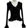 Puro Deseo Estilo Chica Picante Suéter de Punto de Manga Larga para Mujer Otoño Invierno Nuevo Cuello con Volantes Adelgazante Chic Top Corto