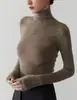 [Em Estoque] Tricô de cashmere fiado finamente, 60 fios, espessado, 48 fios, sem costura, totalmente formado, gola alta, blusa de base para mulheres