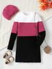 Vestido de punto largo de manga larga para niña, con bloques de color de otoño e invierno, elegante, sencillo y ajustado, con sombrero